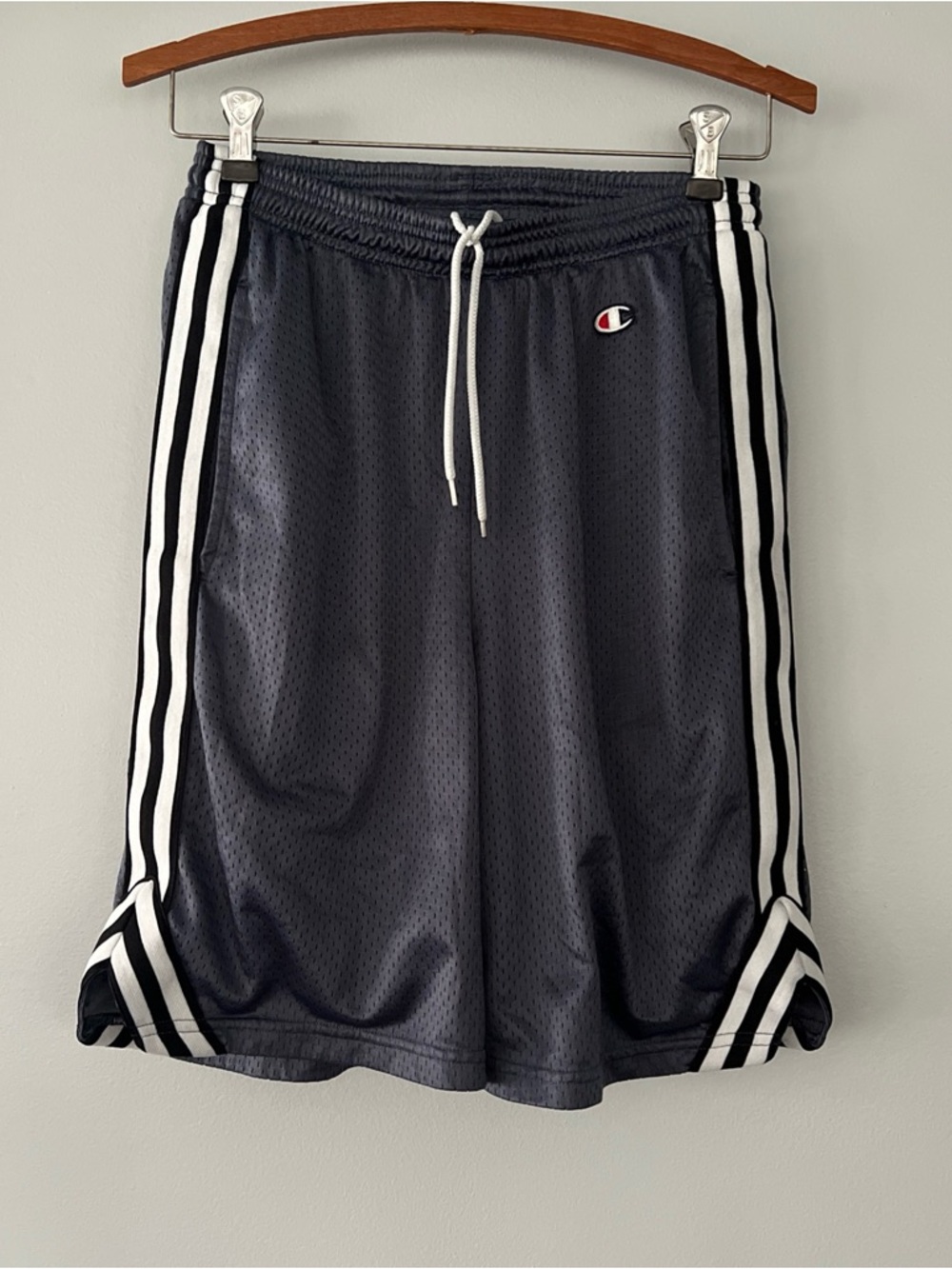 Champion Men's Black Athletic Mesh Shorts with White Stripes Y2K